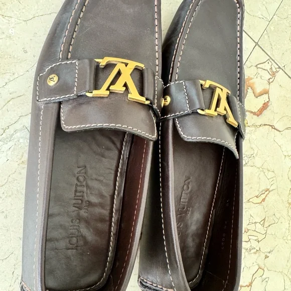 LOUIS VUITTON MENS MONTE CARLO DRIVERS- WORN 1X- SIZE 10- BROWN W/ GOLD HARDWARE - Picture 6 of 9